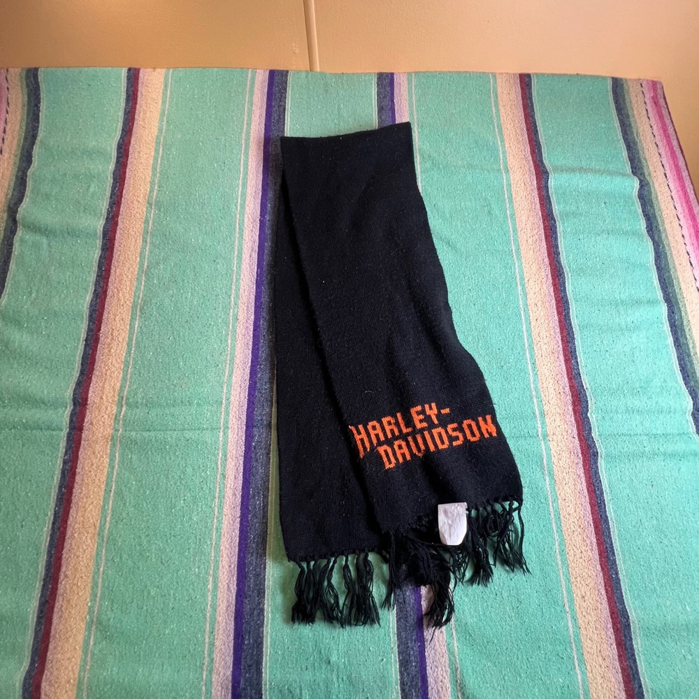 Harley Davidson Scarf Unisex OS Black Orange Knit Logo Fringe Made in USA Biker